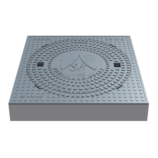 Schachtabdeckung quadratisch Rheinland-Pfalz aus Guss, B125, 750 × 750 mm mit Wappenprägung, ideal für Verkehrsflächen.