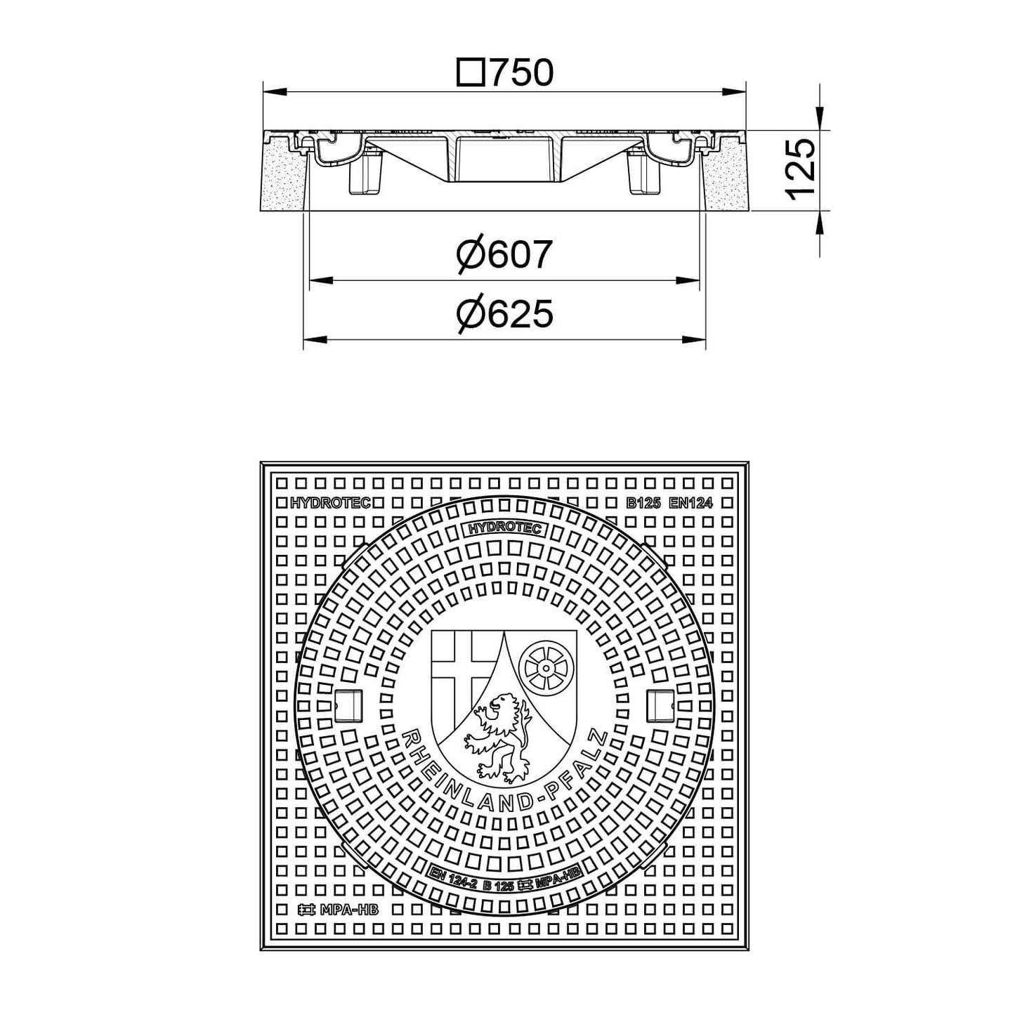 Schachtabdeckung quadratisch Rheinland-Pfalz, technische Zeichnung, Abmessungen 750 x 750 mm, Wappenprägung, Belastungsklasse B125