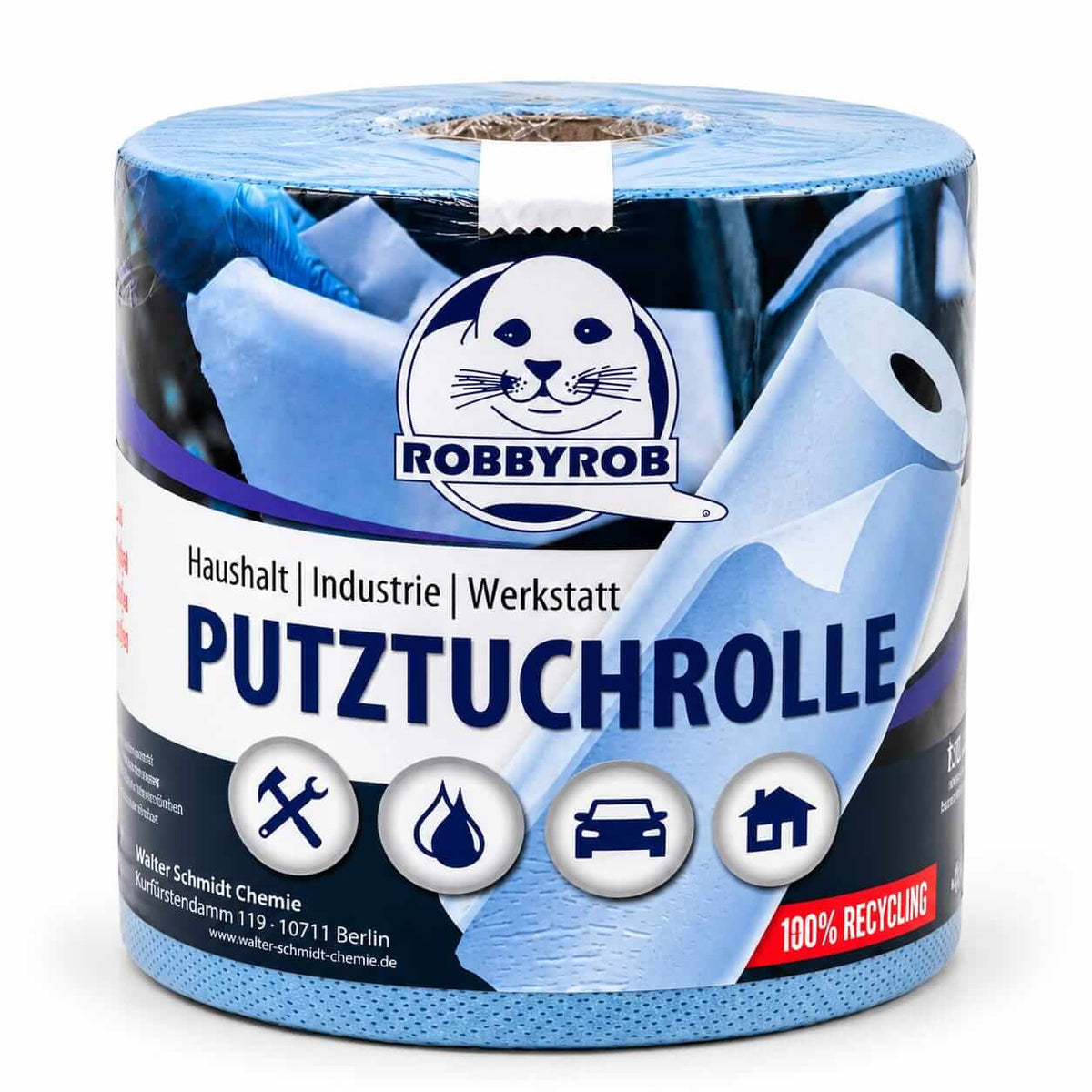 ROBBYROB Putztuchrolle in Cellulose, saugfähig und reißfest für Werkstatt und Haushalt, 400 Blatt