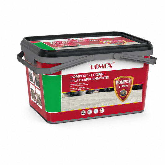 ROMEX ROMPOX®-ECOFINE Pflasterfugenmörtel anthrazit 25 kg in einem stabilen Eimer.