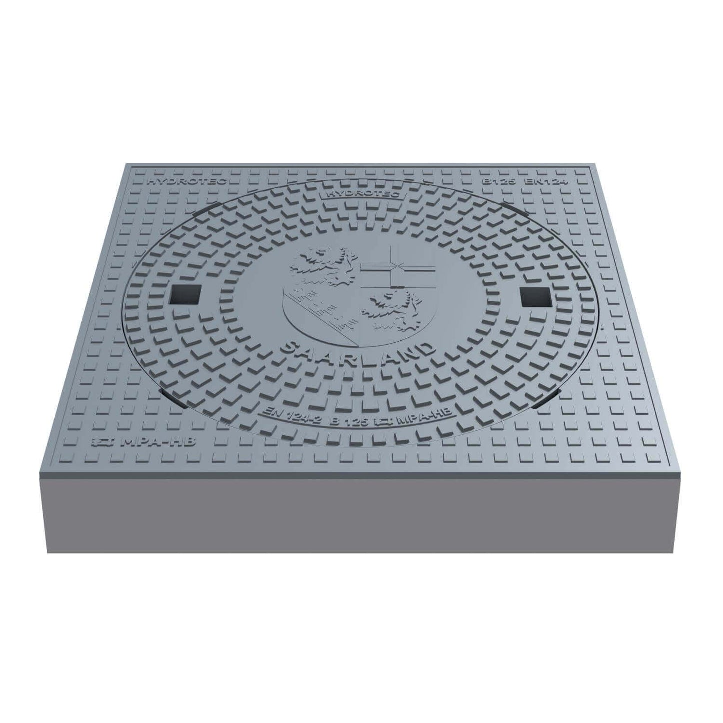 Schachtabdeckung quadratisch Saarland Klasse B125, 750 x 750 mm Guss mit Wappenprägung für Verkehrsflächen.