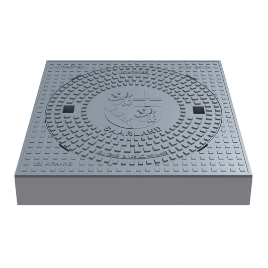 Schachtabdeckung quadratisch Saarland Klasse B125, 750 x 750 mm Guss mit Wappenprägung für Verkehrsflächen.