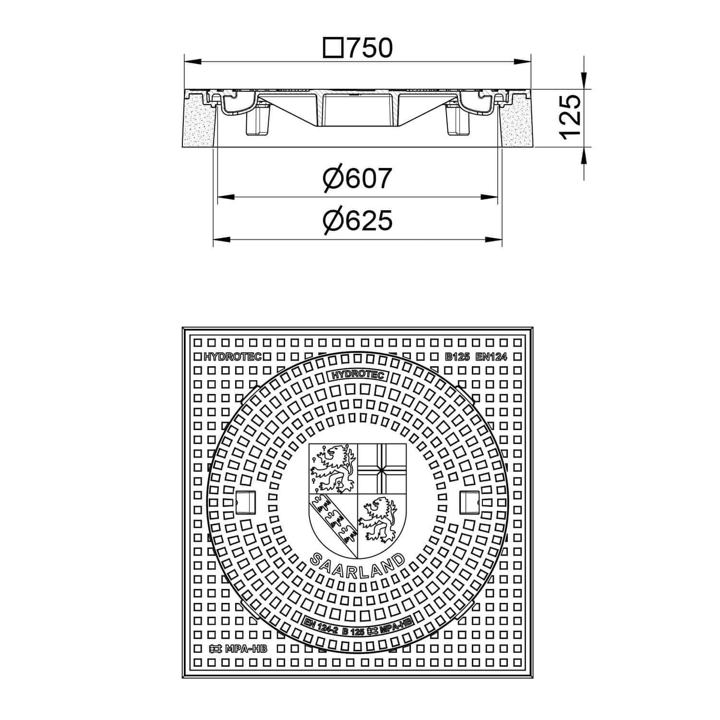 Schachtabdeckung quadratisch Saarland Klasse B125 - technische Zeichnung mit Abmessungen.