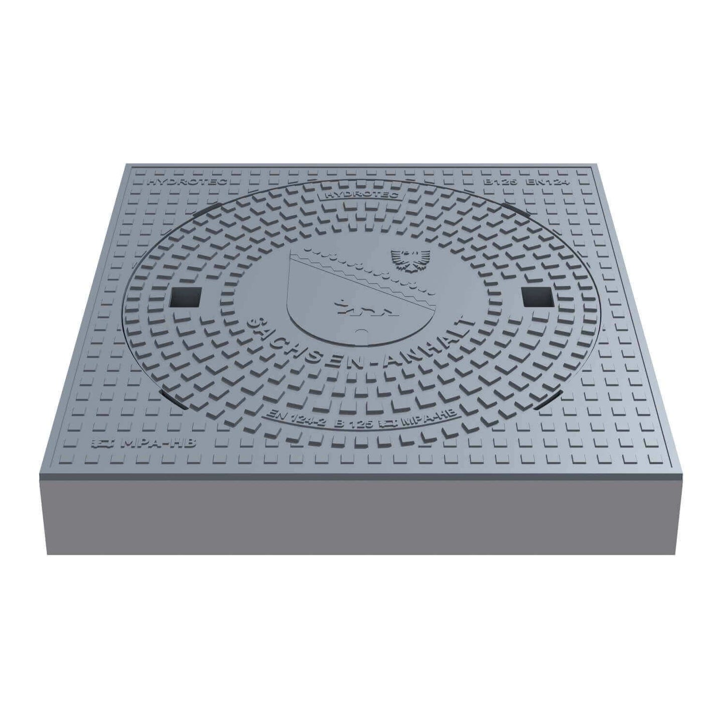 Schachtabdeckung quadratisch Sachsen-Anhalt Klasse B125 aus Guss in der Größe 750 × 750 mm mit Wappenprägung.