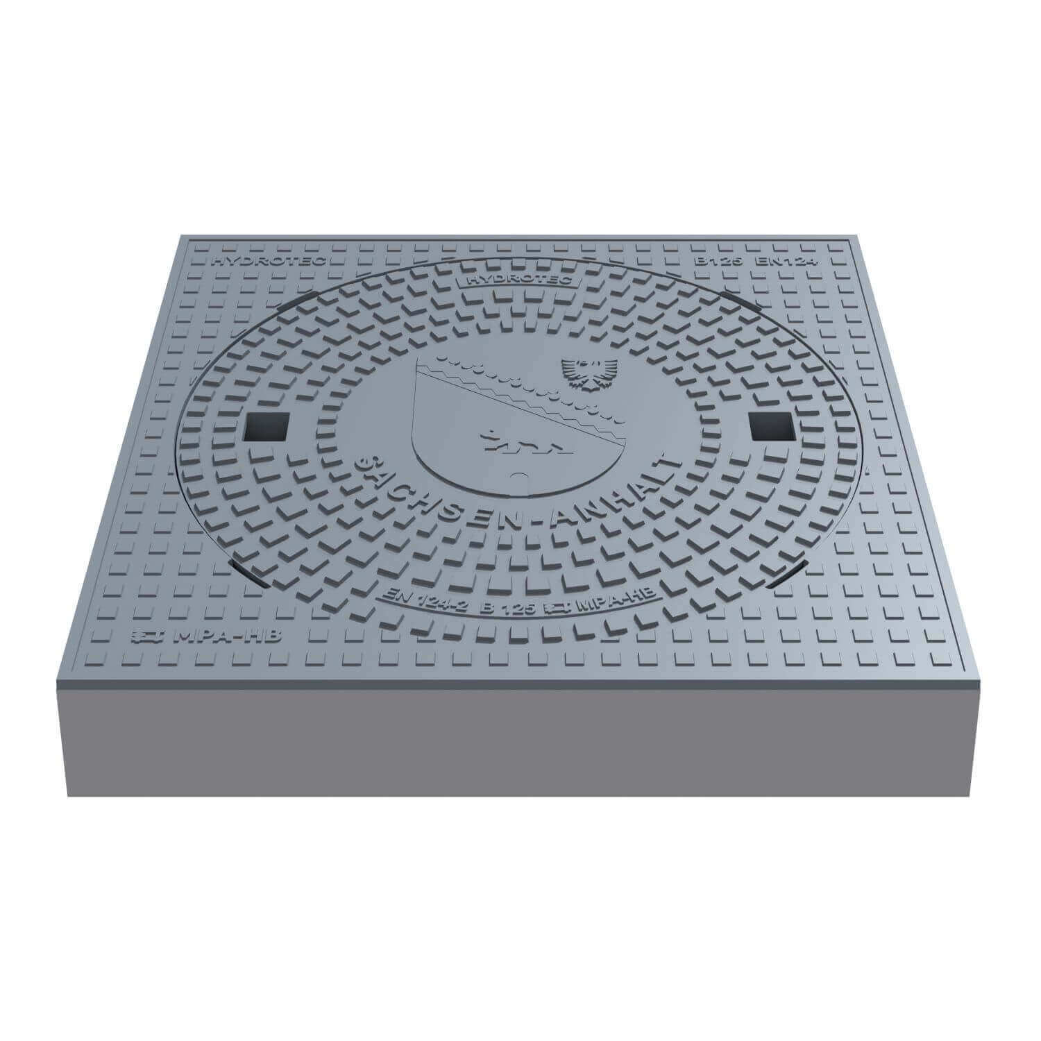 Schachtabdeckung quadratisch Sachsen-Anhalt Klasse B125 aus Guss in der Größe 750 × 750 mm mit Wappenprägung.