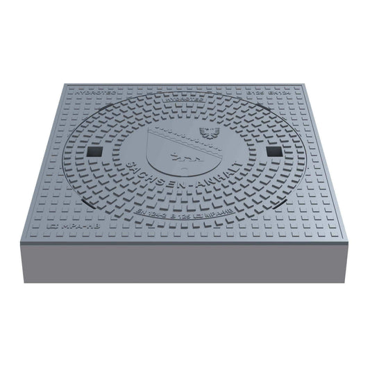 Schachtabdeckung quadratisch Sachsen-Anhalt Klasse B125 aus Guss in der Größe 750 × 750 mm mit Wappenprägung.