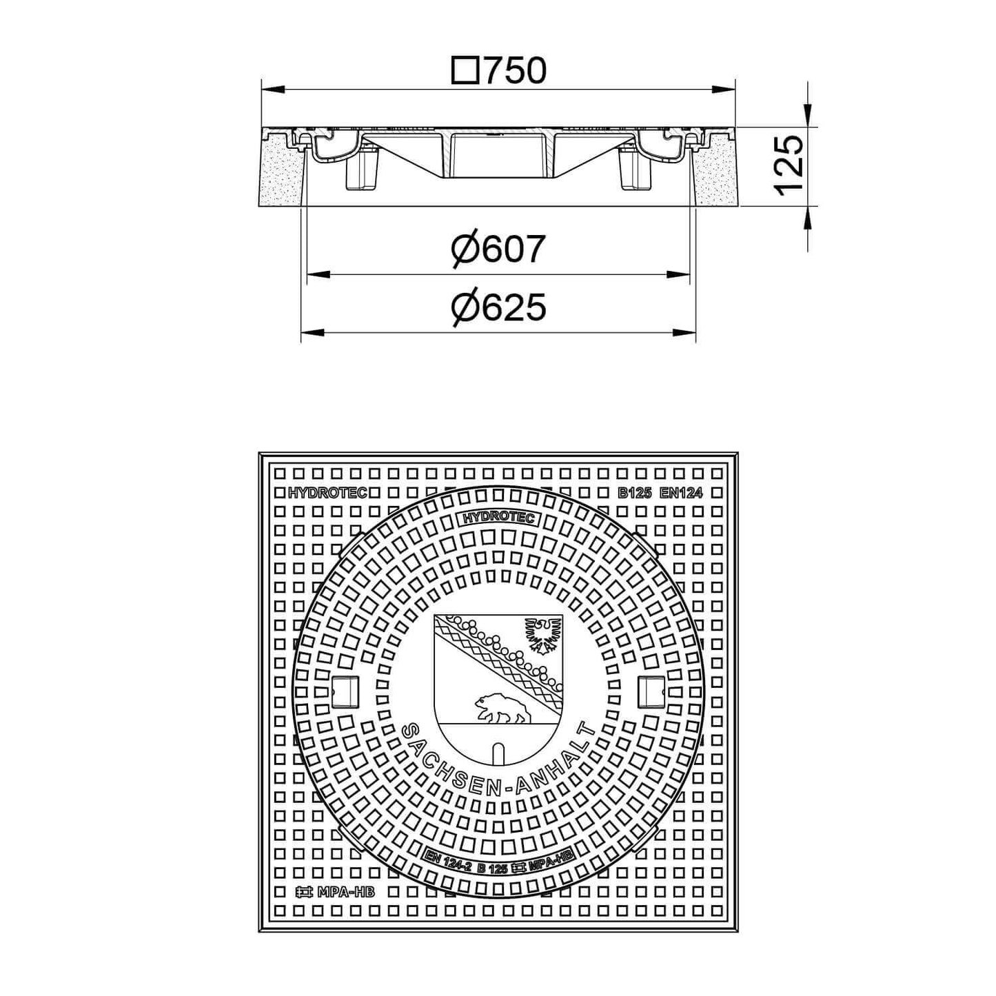 Schachtabdeckung quadratisch Sachsen-Anhalt Klasse B125 technische Zeichnung mit Abmessungen