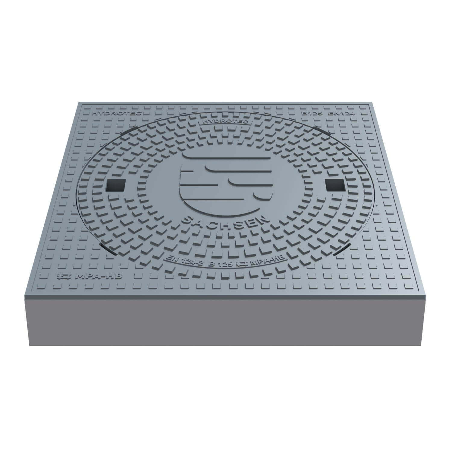 Schachtabdeckung quadratisch Sachsen Klasse B125 aus Guss mit Wappenprägung, 750 × 750 mm