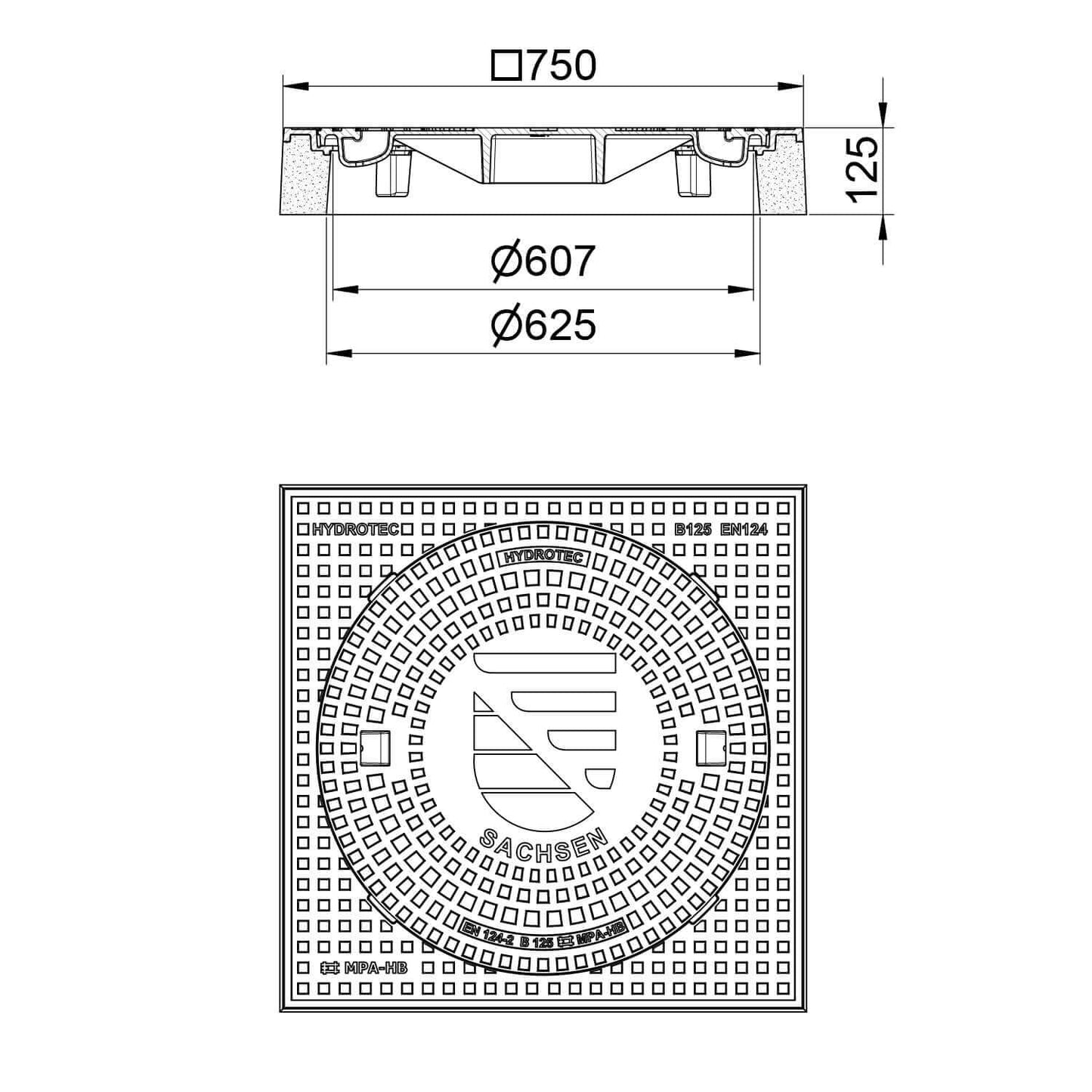 Schachtabdeckung quadratisch Sachsen Klasse B125 - technische Zeichnung mit Abmessungen 750x750 mm