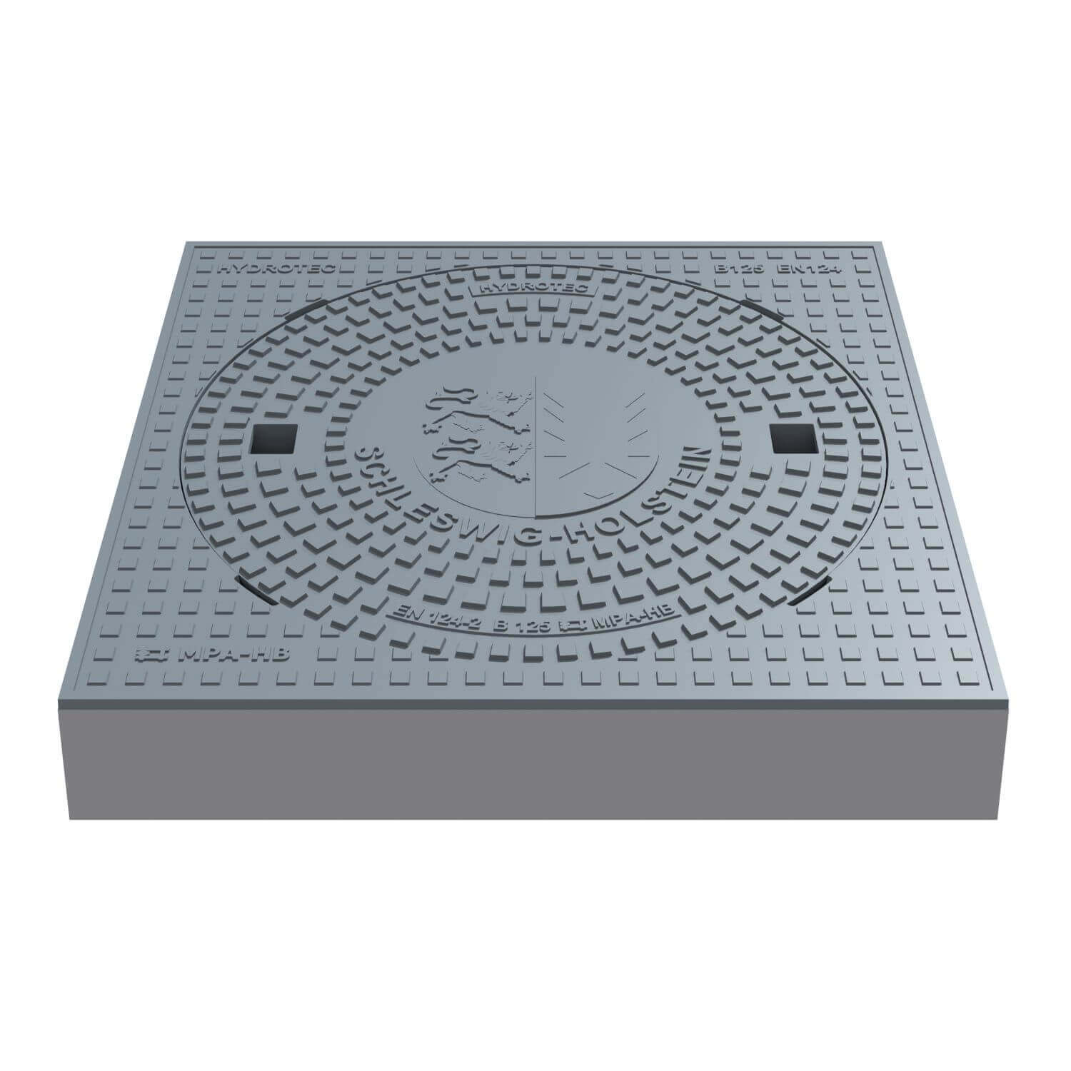Schachtabdeckung quadratisch Schleswig-Holstein Klasse B125 in Guss, 750 × 750 mm, Wappenprägung