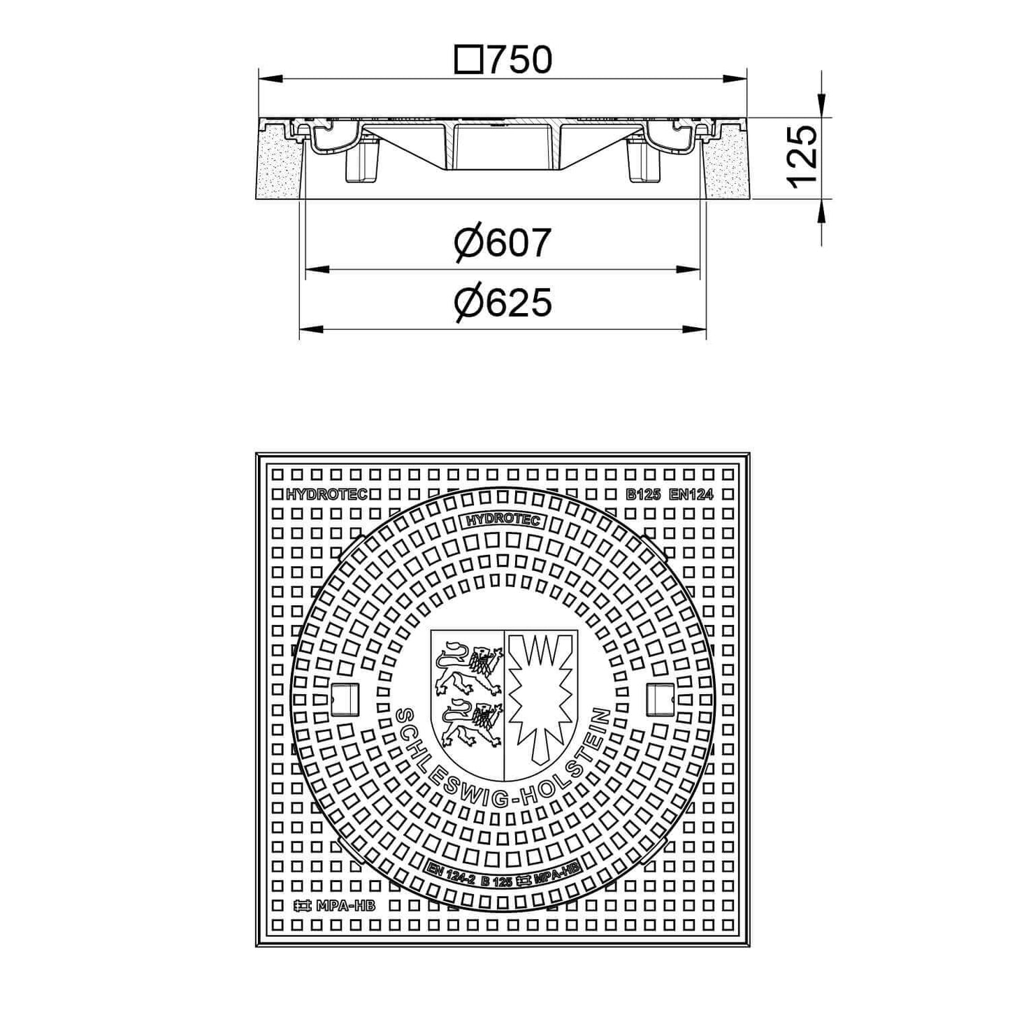 Schachtabdeckung quadratisch Schleswig-Holstein Klasse B125 – technische Zeichnung mit Abmessungen.