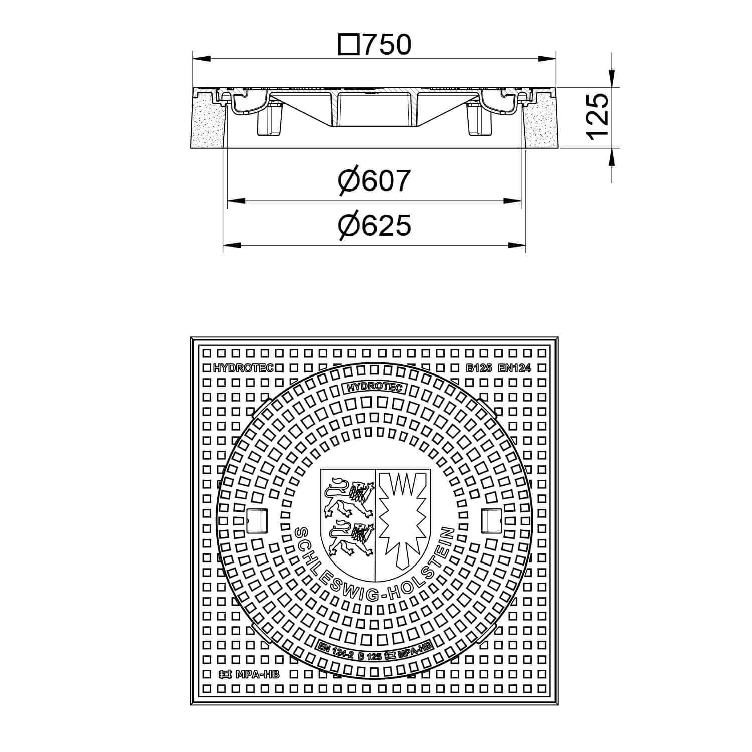 Schachtabdeckung quadratisch Schleswig-Holstein Klasse B125 – technische Zeichnung mit Abmessungen.