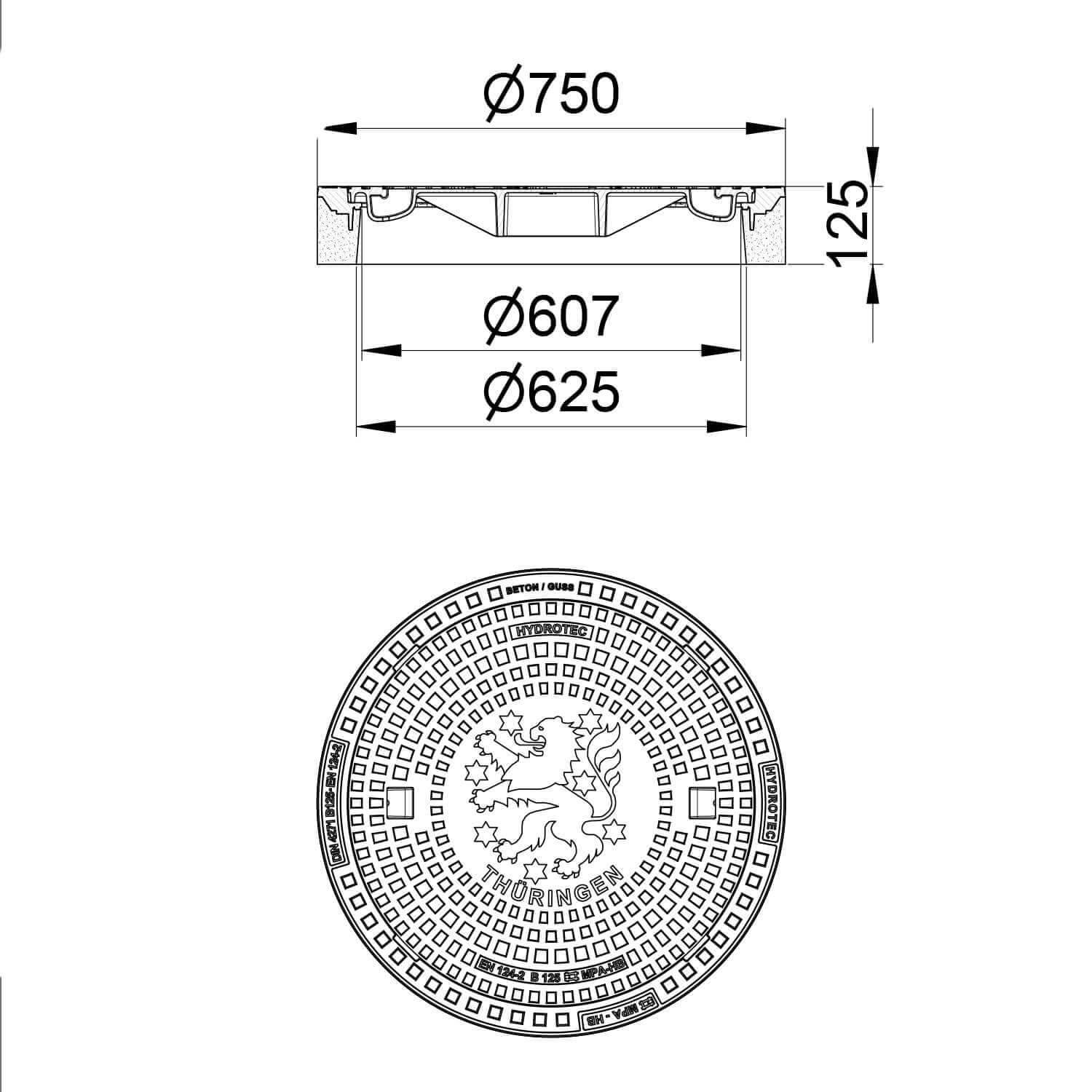 Schachtabdeckung mit Wappen Thüringen, Durchmesser 750mm, detailierte technische Zeichnung