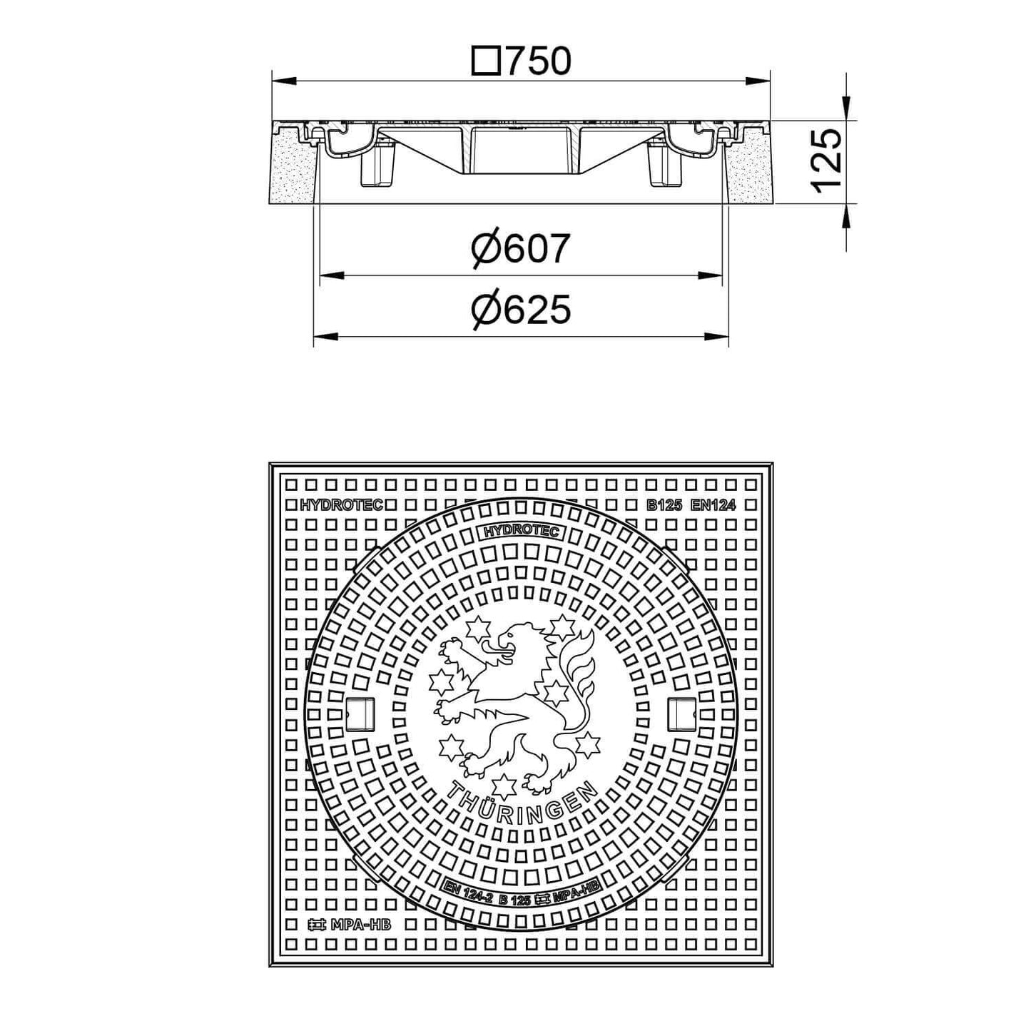 Schachtabdeckung quadratisch Thüringen Klasse B125 – technische Zeichnung, 750x750mm, Wappenprägung