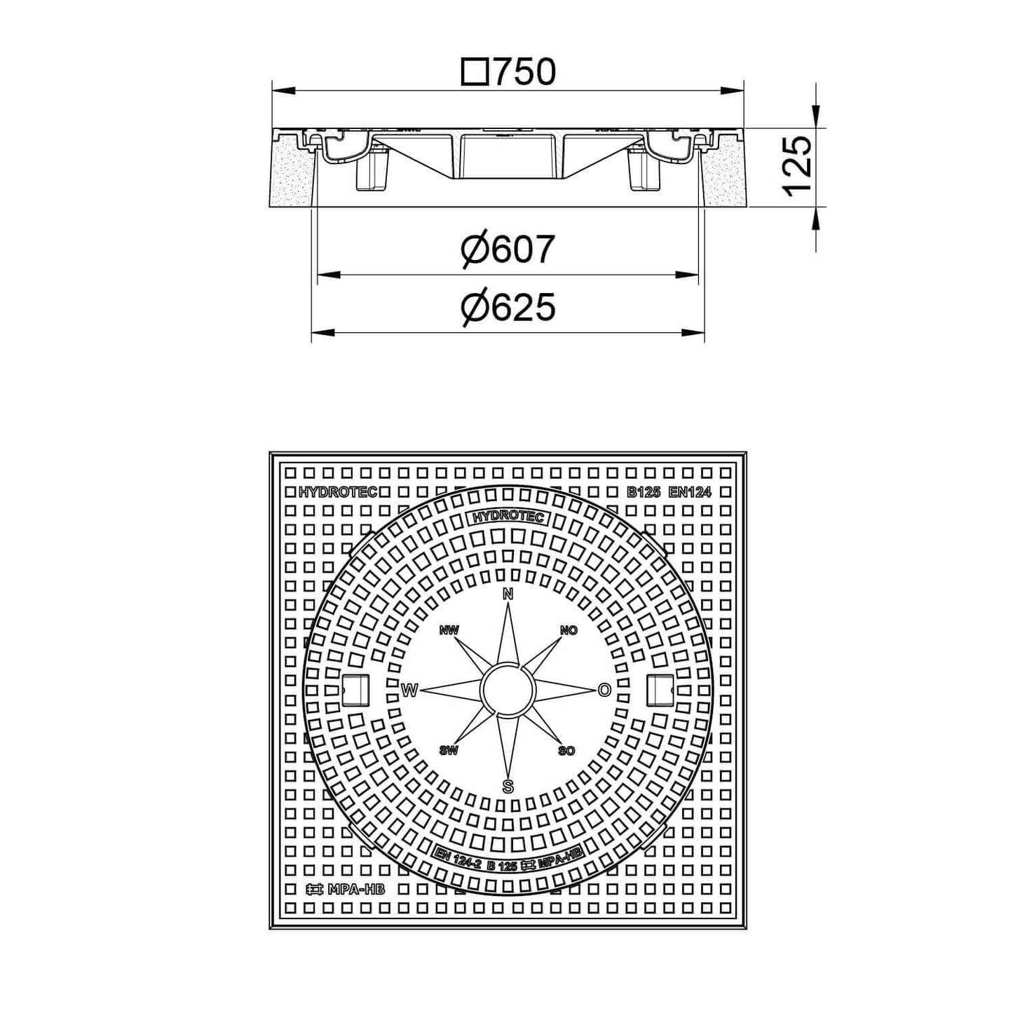 Schachtabdeckung B125, 750 × 750 mm quadratisch mit Motiv 'Windrose' technische Zeichnung