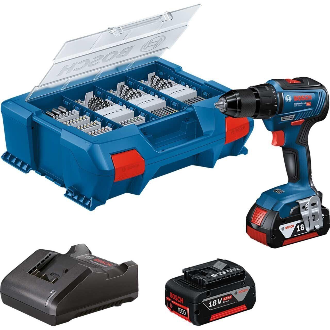 Bosch Akku Schrauber GSR 18V - 55 L - Case inkl. 100 tlg. Zubehör mit 2x 5 A - Gartenbaustoff - Bohrmaschine - 