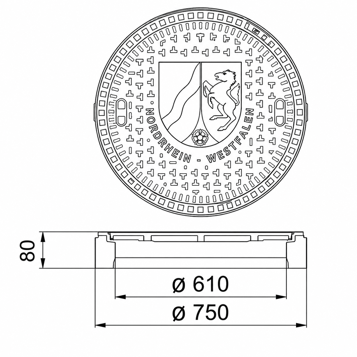 Schachtabdeckung 50 kN Beton-Guss Motiv Nordrhein-Westfalen mit Abmessungen und Wappen von Nordrhein-Westfalen