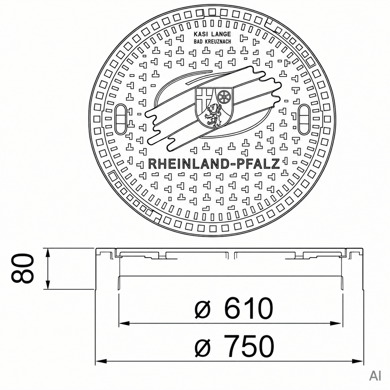 Kanaldeckel 50 kN Beton-Guss Wappen Rheinland-Pfalz mit Durchmessern und Abmessungen.